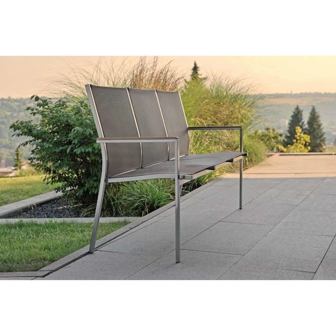 Stern Cardiff Gartenbank Edelstahl/Textilene Mit Teakarmlehnen Taupe 3 Stern Cardiff Gartenbank Edelstahl/Textilene Mit Teakarmlehnen Taupe