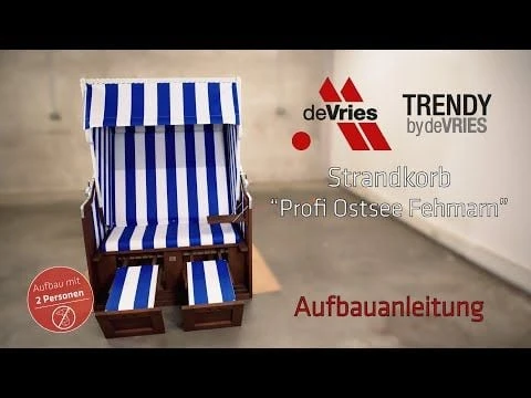 DeVries Profi Ostsee Fehmarn Strandkorb Mahagoni/Geflecht Blau/Weiß 3 DeVries Profi Ostsee Fehmarn Strandkorb Mahagoni/Geflecht Blau/Weiß