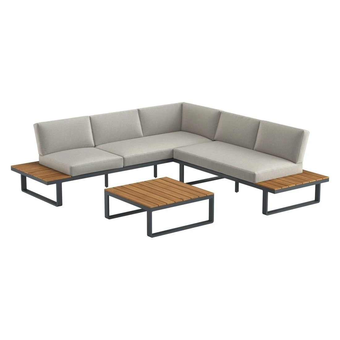 OUTLIV. Albufeira Ecklounge 3-teilig Aluminium/Akazie/Polster Schwarz/Teaklook/Royal Stone Grey 4 OUTLIV. Albufeira Ecklounge 3-teilig Aluminium/Akazie/Polster Schwarz/Teaklook/Royal Stone Grey – Bild 2