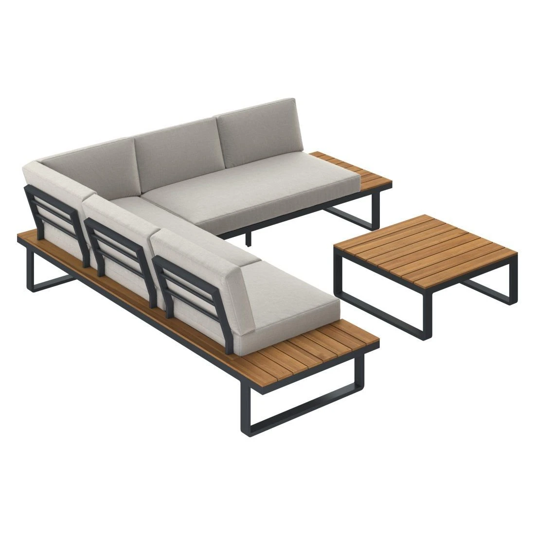 OUTLIV. Albufeira Ecklounge 3-teilig Aluminium/Akazie/Polster Schwarz/Teaklook/Royal Stone Grey 6 OUTLIV. Albufeira Ecklounge 3-teilig Aluminium/Akazie/Polster Schwarz/Teaklook/Royal Stone Grey – Bild 4