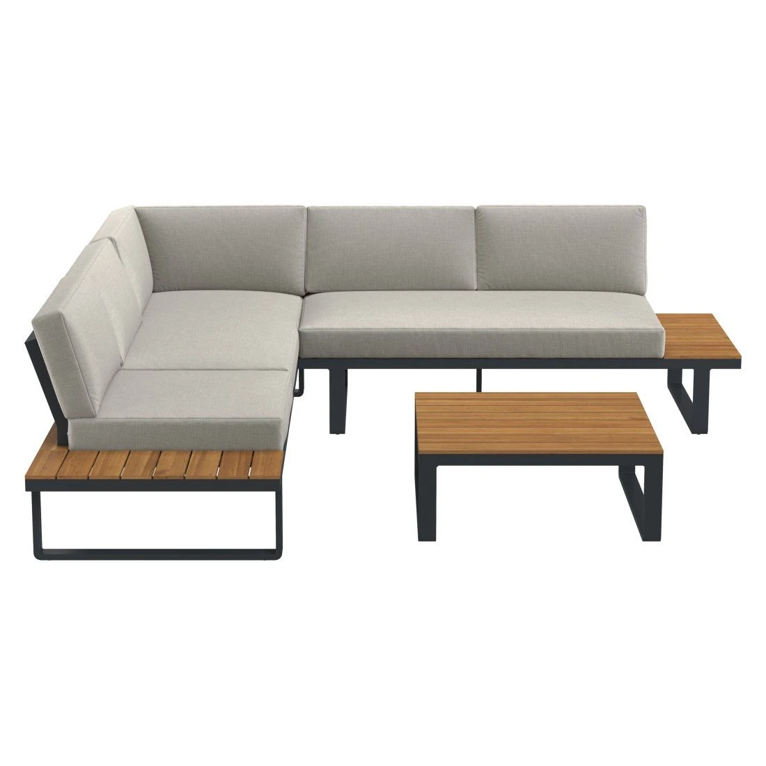 OUTLIV. Albufeira Ecklounge 3-teilig Aluminium/Akazie/Polster Schwarz/Teaklook/Royal Stone Grey 7 OUTLIV. Albufeira Ecklounge 3-teilig Aluminium/Akazie/Polster Schwarz/Teaklook/Royal Stone Grey – Bild 5