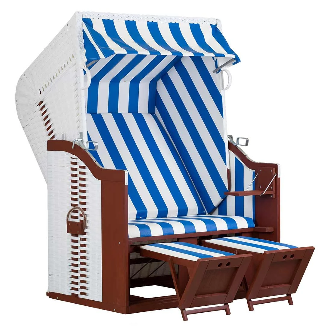 DeVries Profi Ostsee Fehmarn Strandkorb Mahagoni/Geflecht Blau/Weiß 4 DeVries Profi Ostsee Fehmarn Strandkorb Mahagoni/Geflecht Blau/Weiß – Bild 2